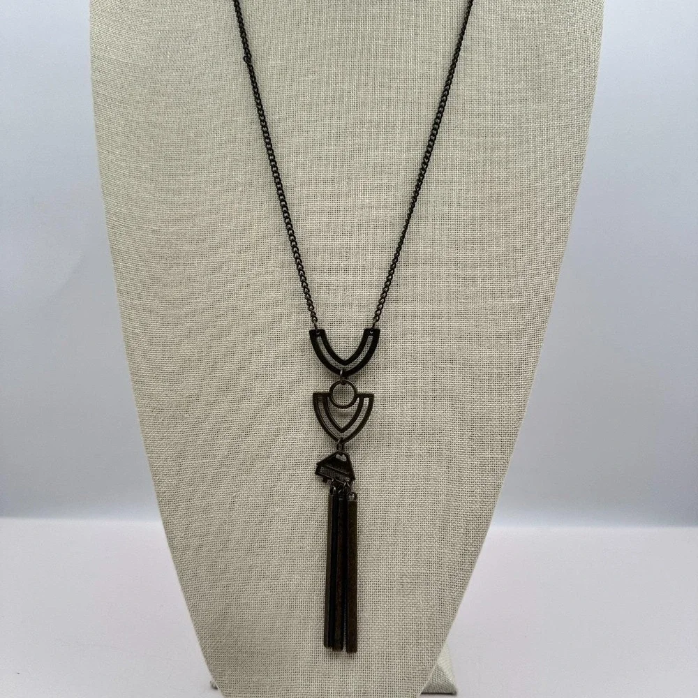 Vintage 80s Cleopatra Brass Necklace‎ Geometric Long Pendant Tassel  Jewelry
